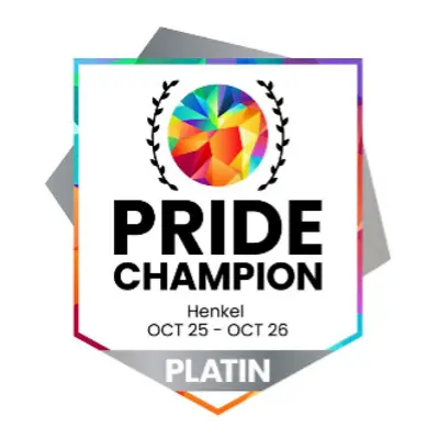 Insignia Pride Champion Platin 2025–2026 que reconoce el compromiso de Henkel con la inclusión LGBTQ+ y la igualdad en el trabajo.