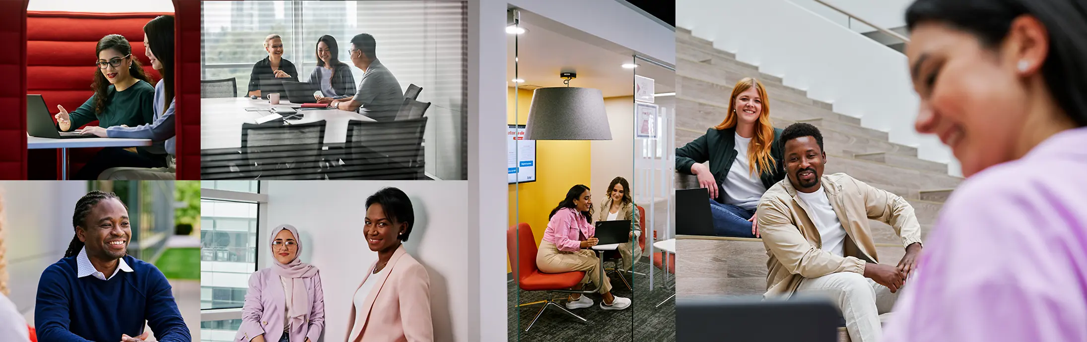 Collage de escenas que muestran a personas en diferentes etapas de un proceso de candidatura y entrevistas, incluidas personas que trabajan con ordenadores portátiles, debaten con otras en entornos de oficina y presentan información durante una conversación.