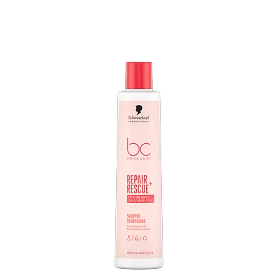 Envase de Bonacure Repair Rescue Champú, formulado para limpiar y fortalecer el cabello dañado.