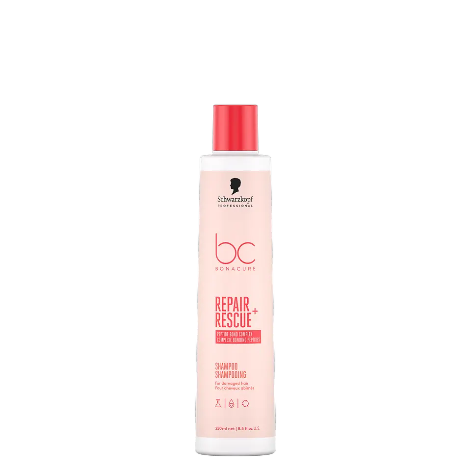 Envase de Bonacure Repair Rescue Champú, formulado para limpiar y fortalecer el cabello dañado.
