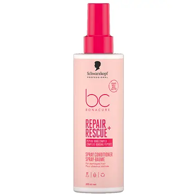 Envase en formato spray de Bonacure Repair Rescue Acondicionador sin aclarado para cabello dañado.