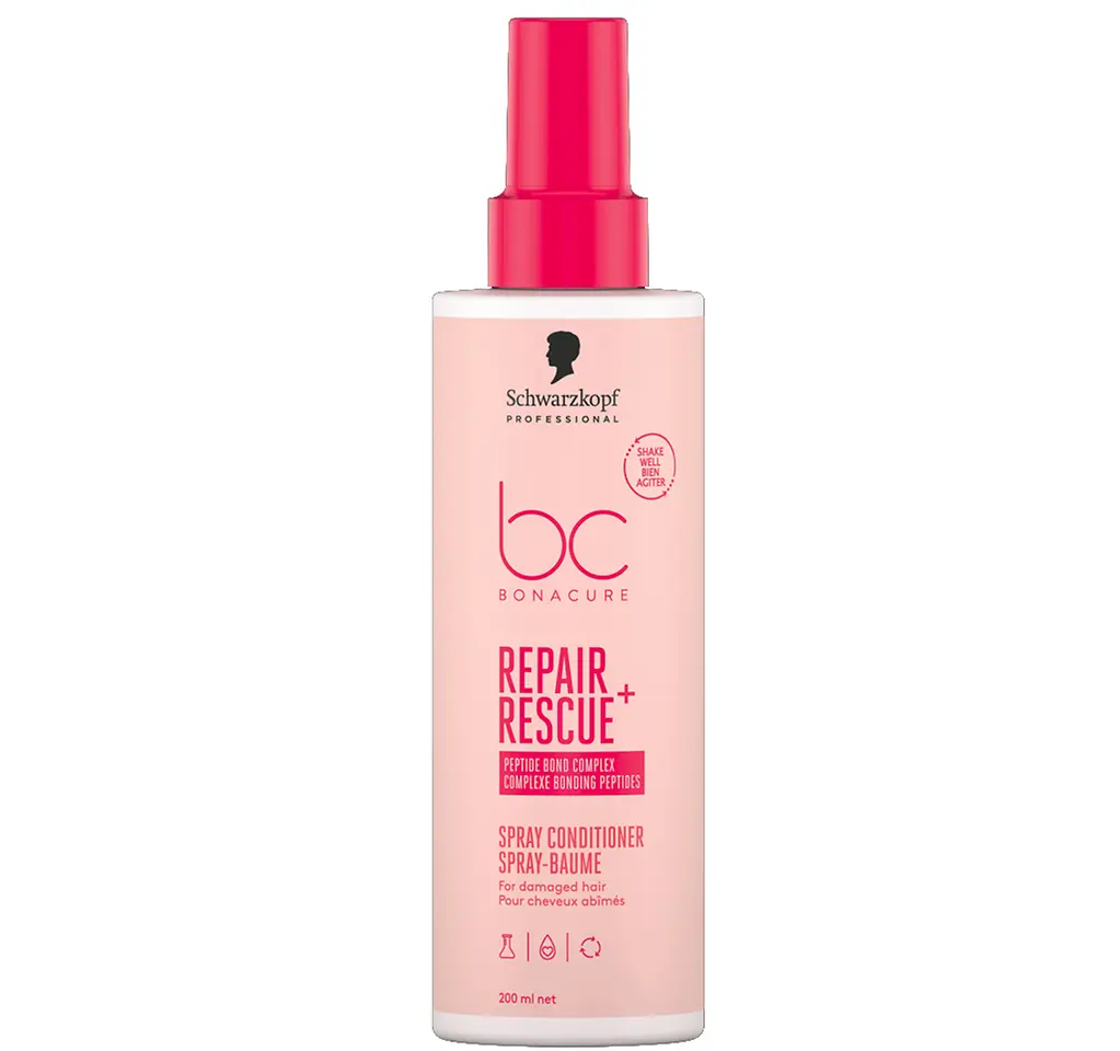 Envase en formato spray de Bonacure Repair Rescue Acondicionador sin aclarado para cabello dañado.