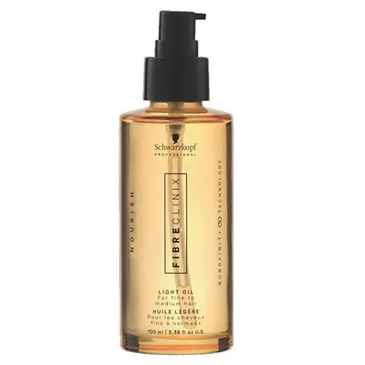 Envase de Fibre Clinix Aceite Ligero formulado para proteger y aportar brillo al cabello.