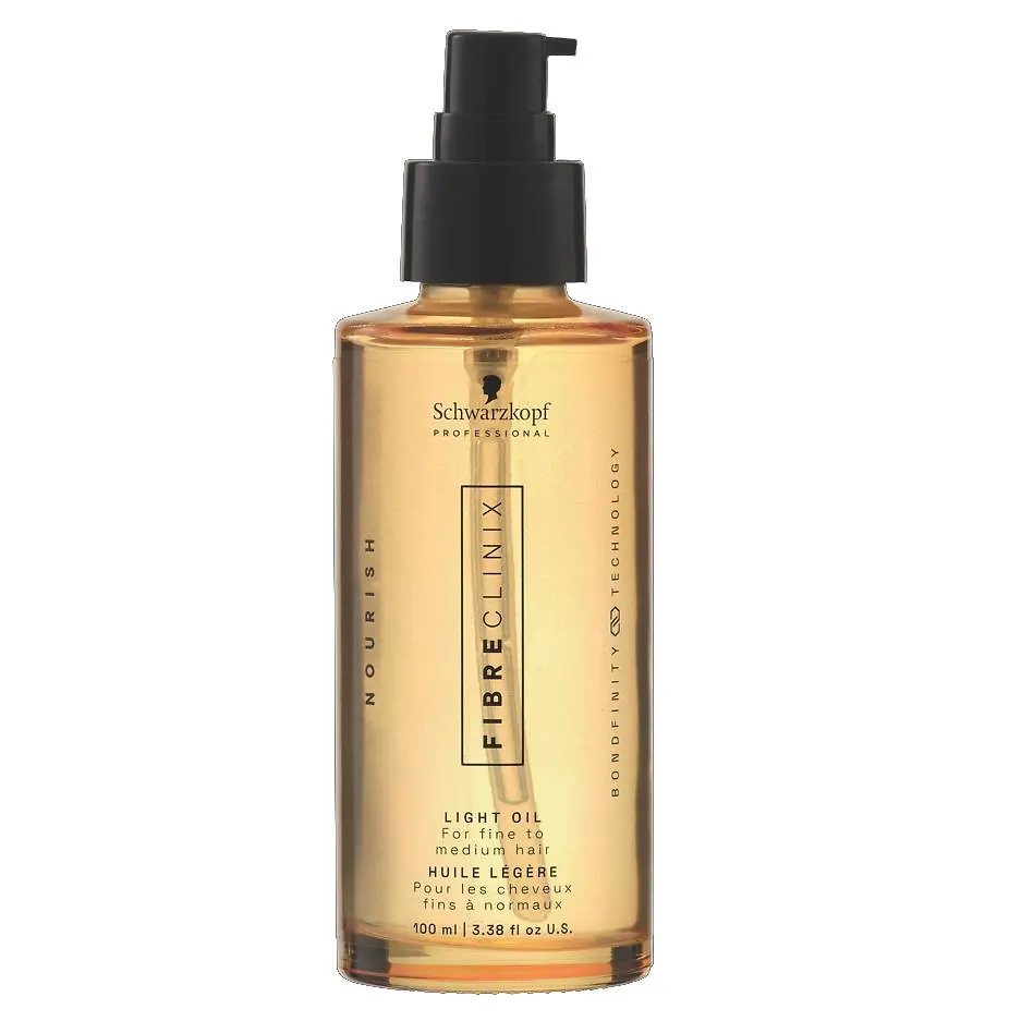 Envase de Fibre Clinix Aceite Ligero formulado para proteger y aportar brillo al cabello.