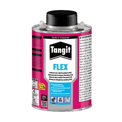 Lata de adhesivo Tangit FLEX para la unión de tuberías flexibles de PVC.