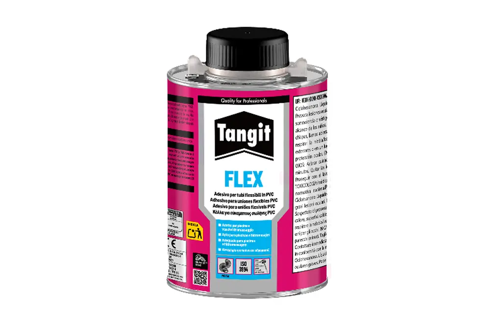 Lata de adhesivo Tangit FLEX para la unión de tuberías flexibles de PVC.