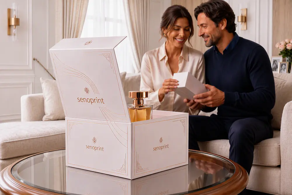 Cajas de productos de lujo con acabados premium sobre una mesa, ejemplo de aplicación de las soluciones de recubrimientos especiales de Stahl para el sector del packaging de alta gama.