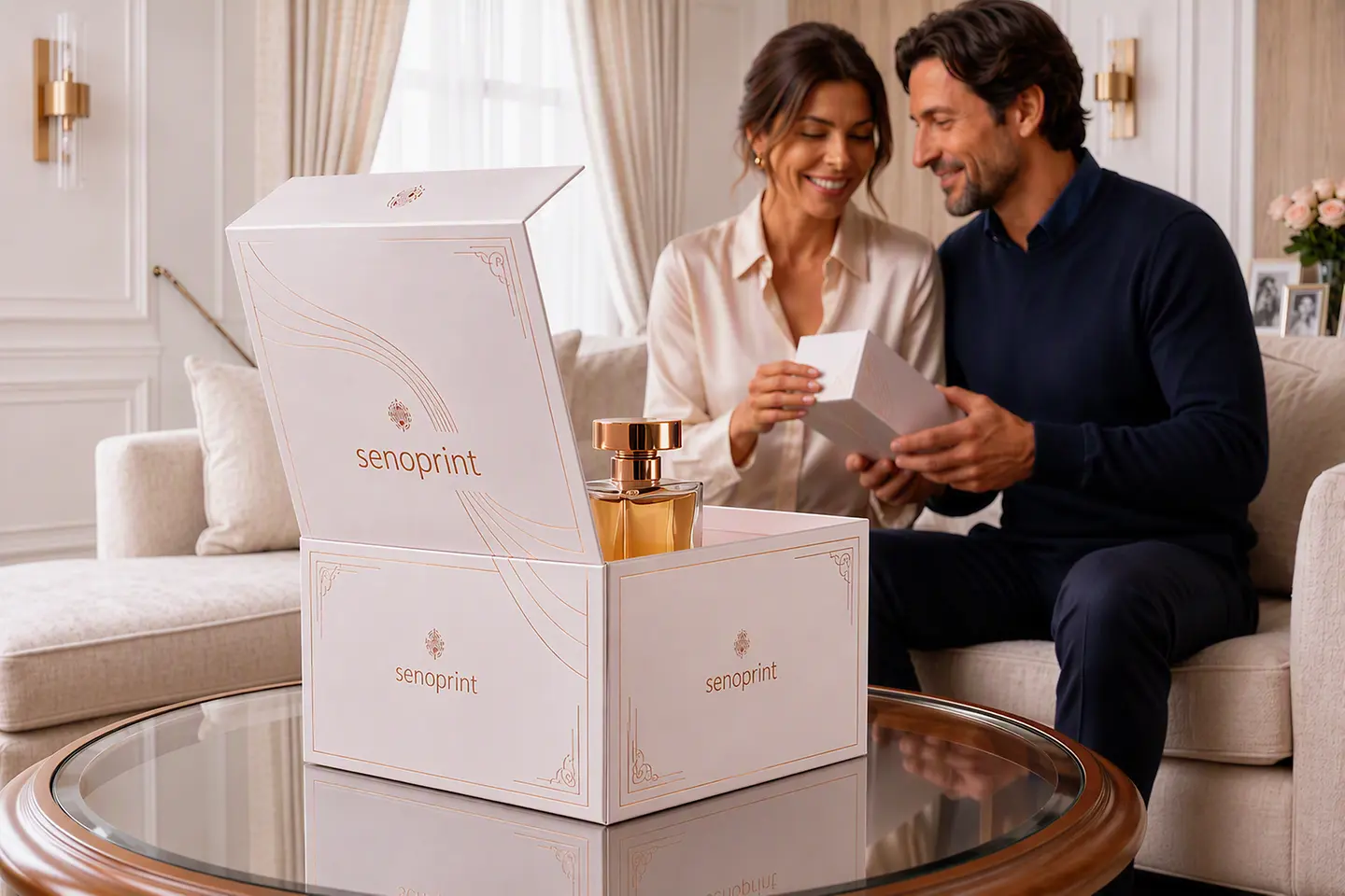 Cajas de productos de lujo con acabados premium sobre una mesa, ejemplo de aplicación de las soluciones de recubrimientos especiales de Stahl para el sector del packaging de alta gama.