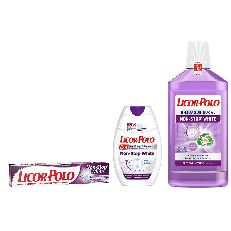 
La nueva gama Licor del Polo Non-Stop White está compuesta por dentífrico en tubo, dentífrico 2en1 y enjuague bucal