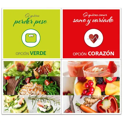 La iniciativa del menú saludable de Montornès - opción verde para perder peso y opción corazón para commer sano y variado