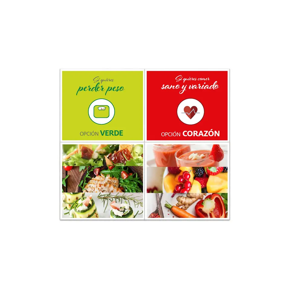 La iniciativa del menú saludable de Montornès - opción verde para perder peso y opción corazón para commer sano y variado
