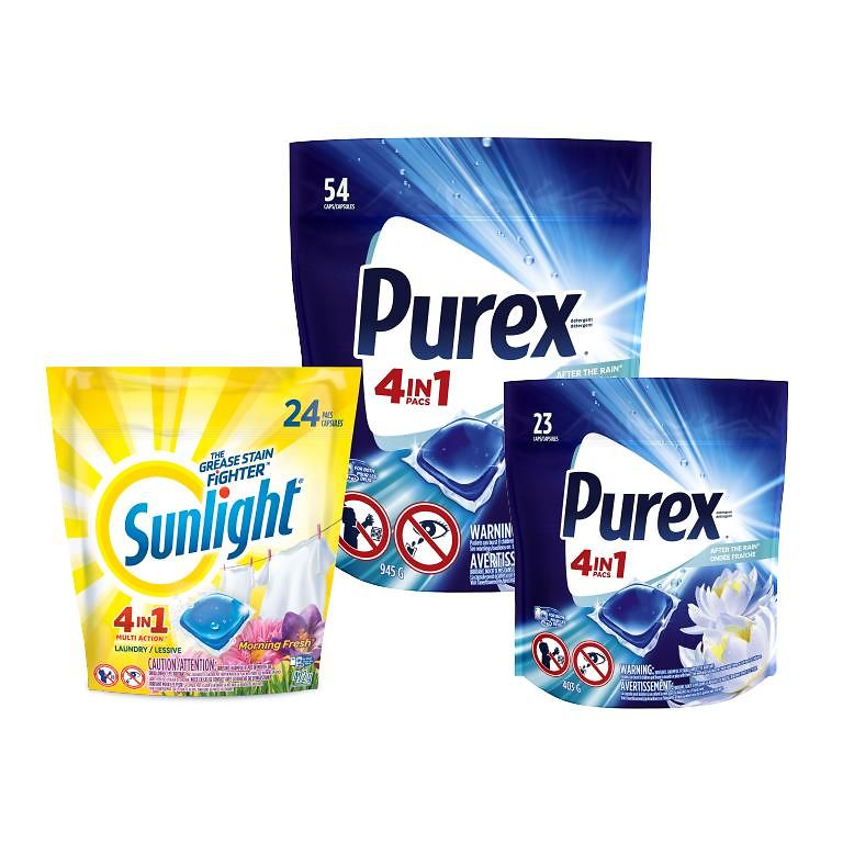 Sunlight and Purex plastic detergent pouches