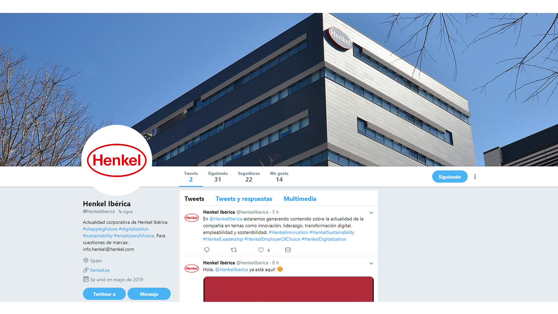Perfil de Twitter de Henkel Ibérica