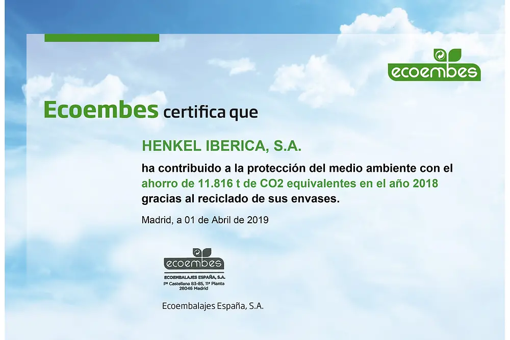 Ecoembes ha certificado que HENKEL IBERICA en 2018 contribuyó, gracias al reciclado de sus envases, a la protección del medio ambiente con el ahorro de 11.816 t de CO2