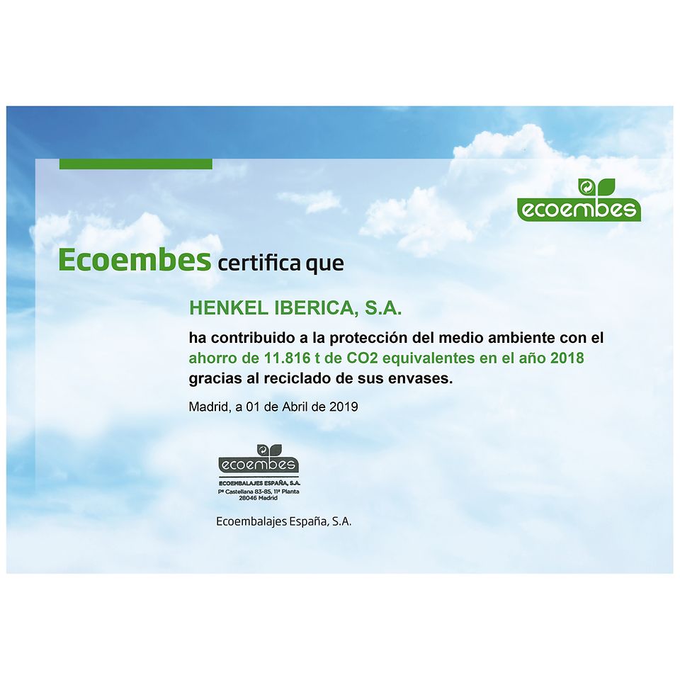 Ecoembes ha certificado que HENKEL IBERICA en 2018 contribuyó, gracias al reciclado de sus envases, a la protección del medio ambiente con el ahorro de 11.816 t de CO2